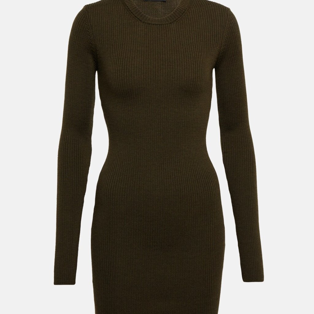 Wardrobe.Nyc Ribbed-Knit Wool Long Sleeve Crew Neck Minidress In Military